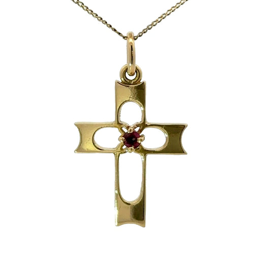 18Ct Yellow Gold Rhodolite Garnet Accent Cross Charm Pendant