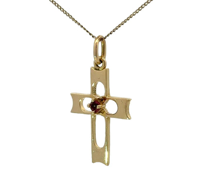 18Ct Yellow Gold Rhodolite Garnet Accent Cross Charm Pendant