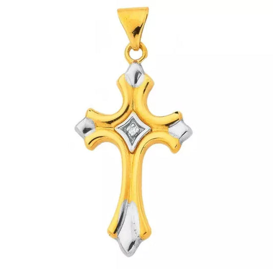 9Ct Two-Toned Gold Diamond Accent Cross Charm Pendant