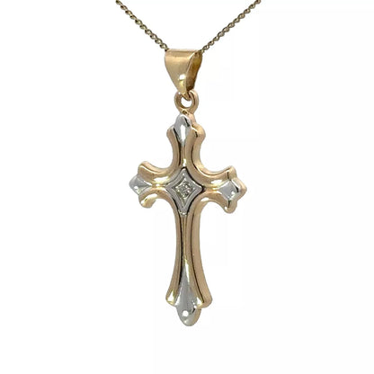 9Ct Two-Toned Gold Diamond Accent Cross Charm Pendant