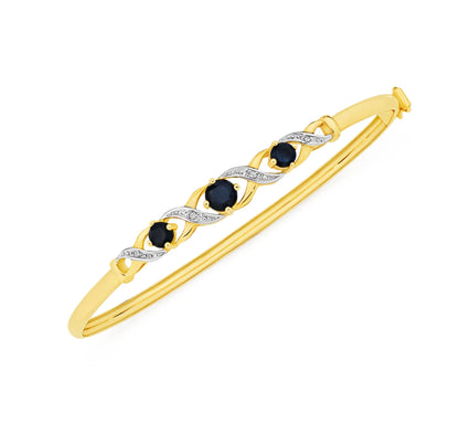 9Ct Yellow Gold, Sapphire and Diamond Hinged Bangle