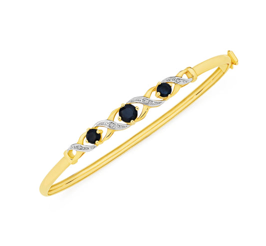 9Ct Yellow Gold, Sapphire and Diamond Hinged Bangle