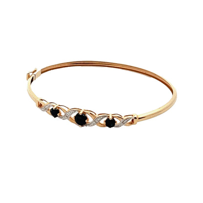 9Ct Yellow Gold, Sapphire and Diamond Hinged Bangle