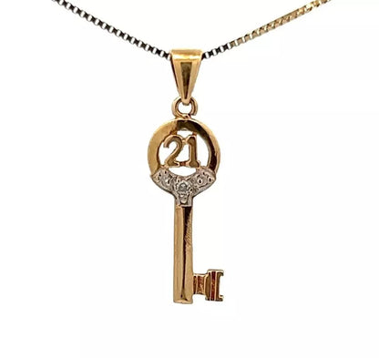 9Ct Yellow Gold '21' Diamond Accent Key Pendant