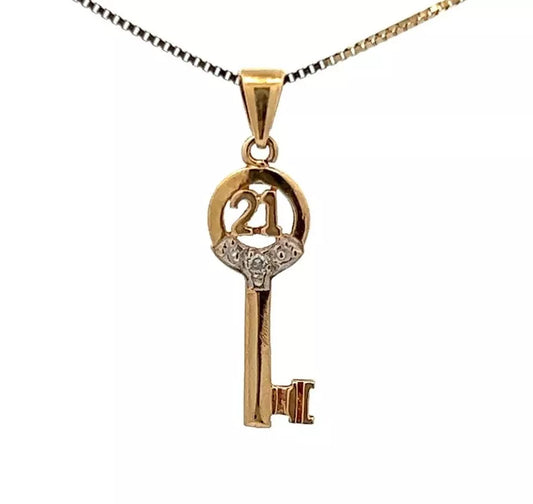 9Ct Yellow Gold '21' Diamond Accent Key Pendant