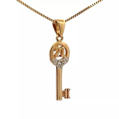 9Ct Yellow Gold '21' Diamond Accent Key Pendant
