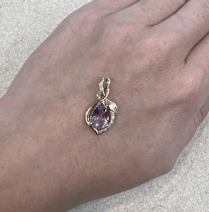 9Ct Yellow Gold Pear Cut Created Amethyst and Diamond Accent Charm Pendant
