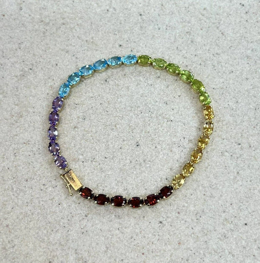 14Ct Yellow Gold 19cm Multi-Gemstone Oval Cut Claw Bracelet