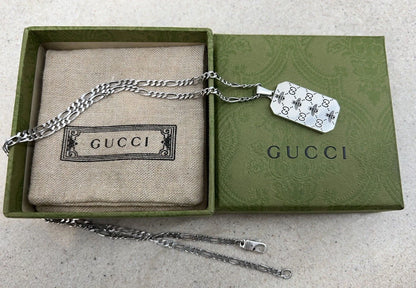 Gucci GG and Bee Engraved Pendant 50cm Necklace - 925 Sterling Silver