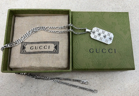 Gucci GG and Bee Engraved Pendant 50cm Necklace - 925 Sterling Silver