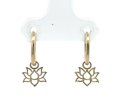 9Ct Yellow Gold Lotus Huggie Hoop Drop Earrings