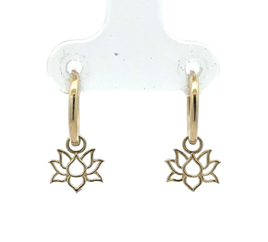 9Ct Yellow Gold Lotus Huggie Hoop Drop Earrings