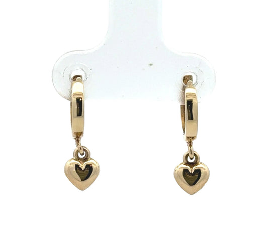 9Ct Yellow Gold Heart Huggie Hoop Drop Earrings