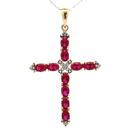 9Ct Yellow Gold Created Ruby & Diamond Accent Cross Pendant