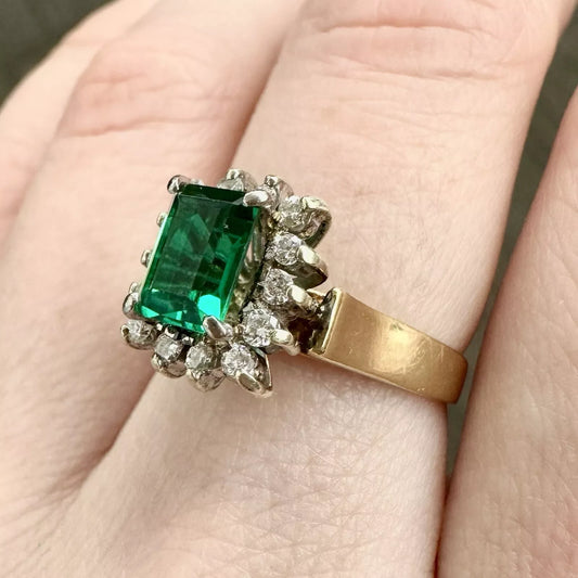 18Ct Two-Toned Gold .82 Carat Emerald & .19 Carat Diamond Dress Ring Sz M