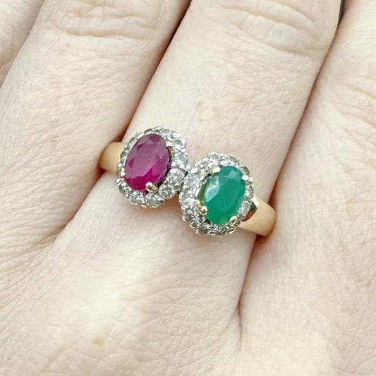 18Ct Yellow Gold Ruby, Emerald & .48Ct Diamond Dress Ring Sz P 1/2 VAL INCLUDED
