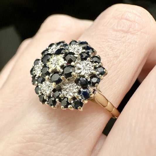 9Ct Yellow Gold Vintage Sapphire & .04Ct TW Diamond Ring Sz S