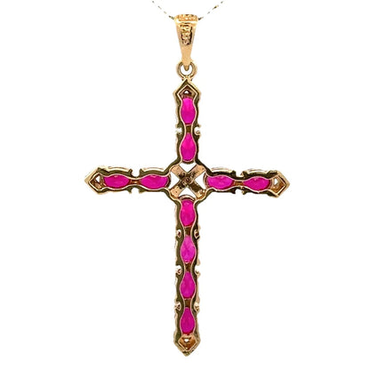 9Ct Yellow Gold Created Ruby & Diamond Accent Cross Pendant