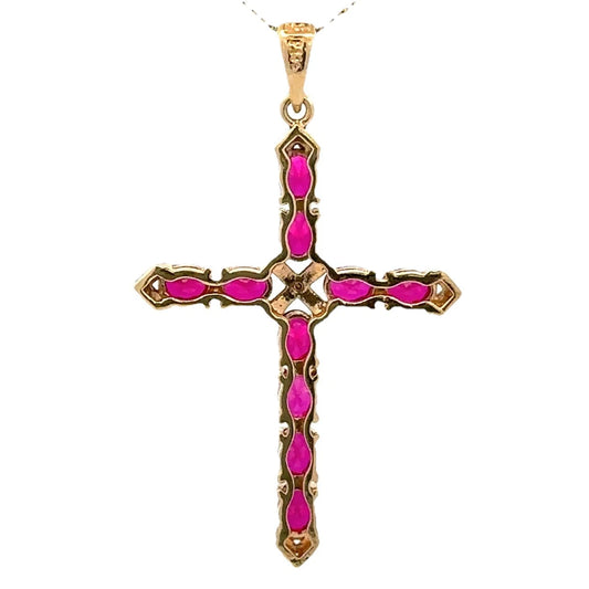 9Ct Yellow Gold Created Ruby & Diamond Accent Cross Pendant