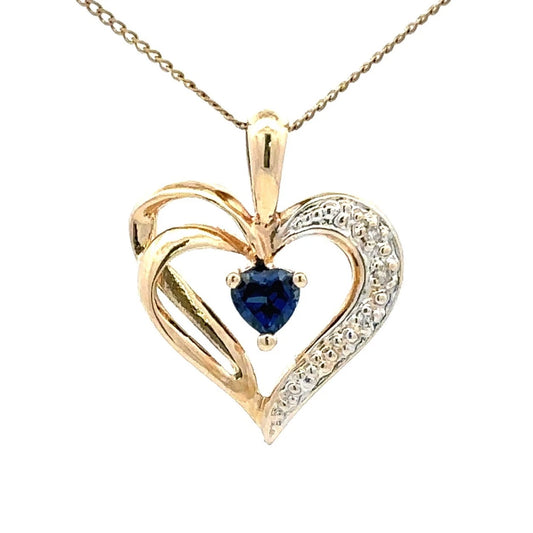 9Ct Yellow Gold Diamond Created Sapphire Heart Pendant