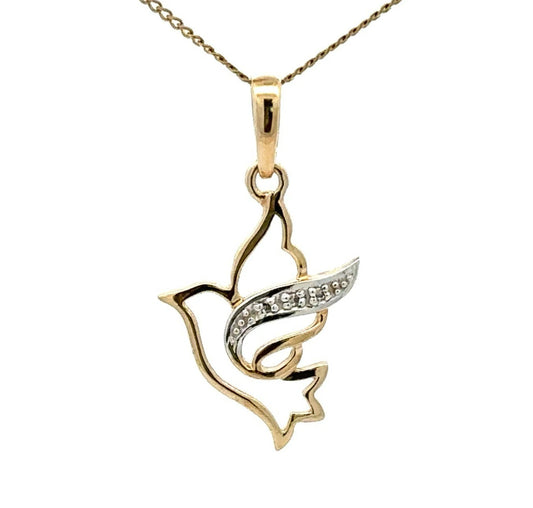 9Ct Yellow Gold Diamond Set Dove Pendant