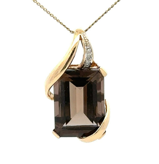 9Ct Yellow Gold Smokey Quartz & Diamond Accent Pendant
