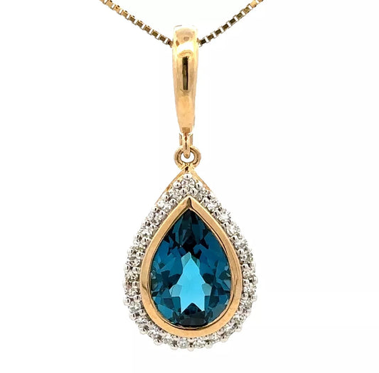 9Ct Yellow Gold London Blue Topaz & .20 Carat TW Diamond Enhancer Pendant