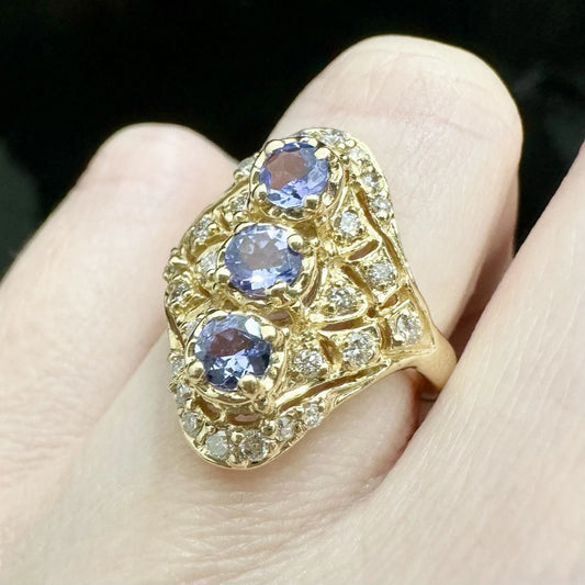 14Ct Yellow Gold Sonia B Designs Tanzanite & Diamond Designer Ring Sz J 1/2