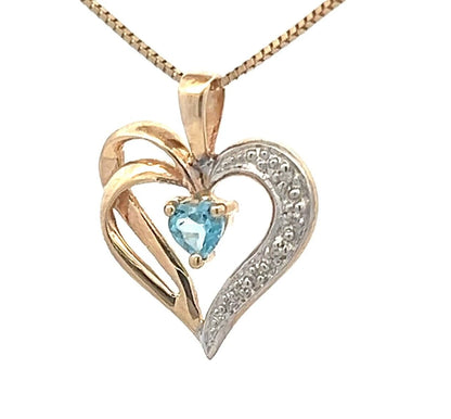 9Ct Two-Toned Gold Created Blue Topaz & Diamond Accent Heart Charm Pendant