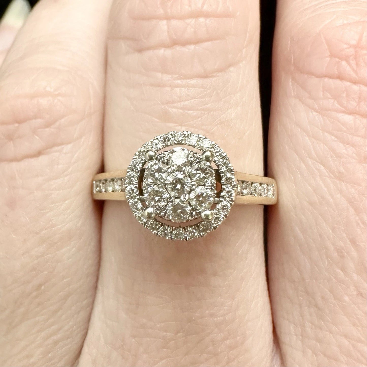 9Ct Yellow Gold 1/2Ct TW Diamond Halo Set Ring Sz O