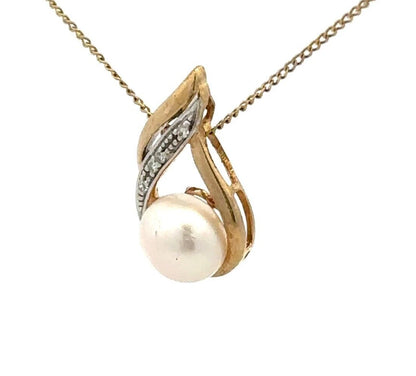 9Ct Two-Toned Gold Pearl & Diamond Accent Charm Pendant