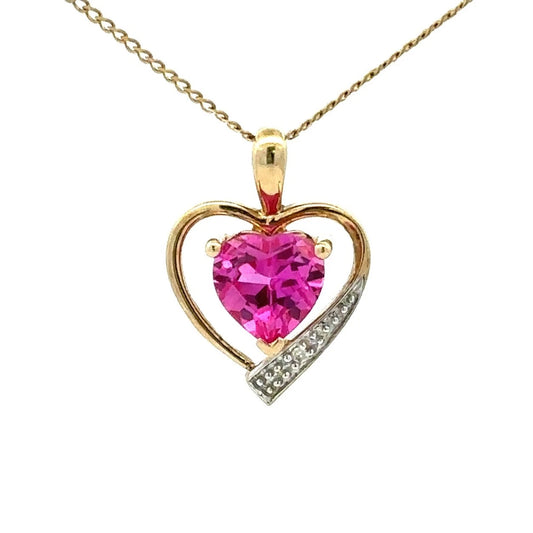 9Ct Yellow Gold Created Pink Sapphire & Diamond Accent Heart Pendant