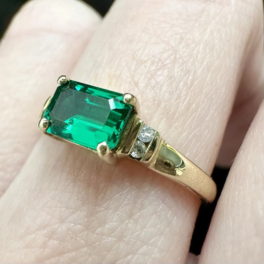 9Ct Yellow Gold Created Emerald & Diamond Accent Ring Sz P 1/2