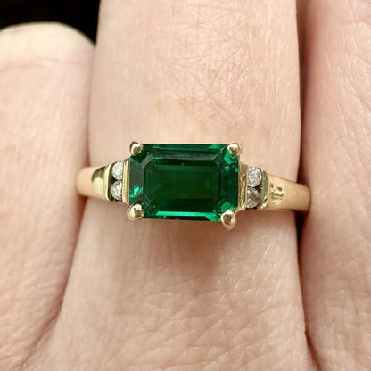9Ct Yellow Gold Created Emerald & Diamond Accent Ring Sz P 1/2