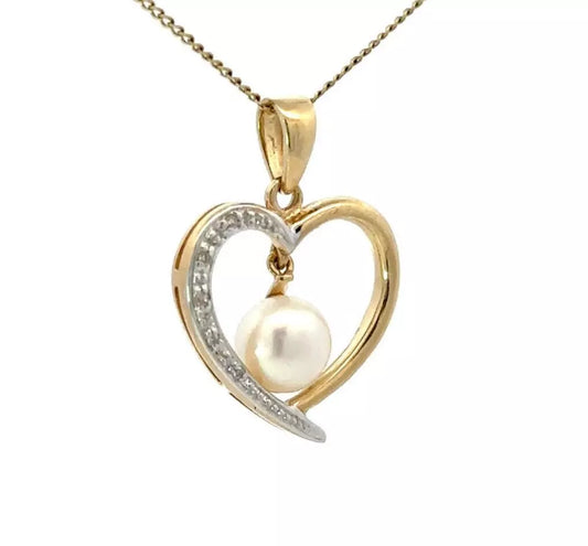 9Ct Two-Toned Gold Heart with Pearl and Accent Diamonds Charm Pendant