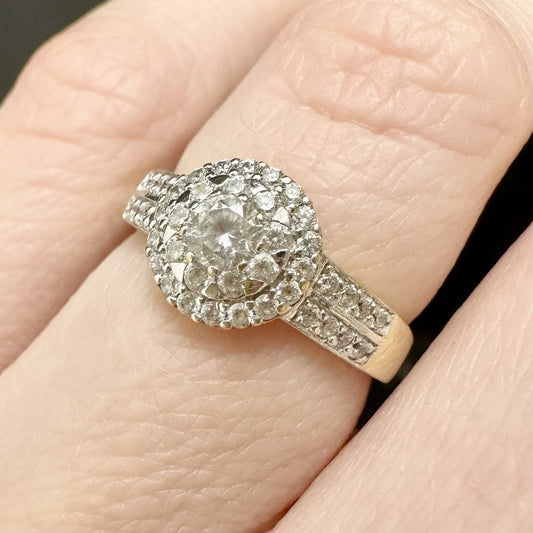 9Ct Yellow Gold .50 Carat TW Diamond Simulant Halo Ring Sz I
