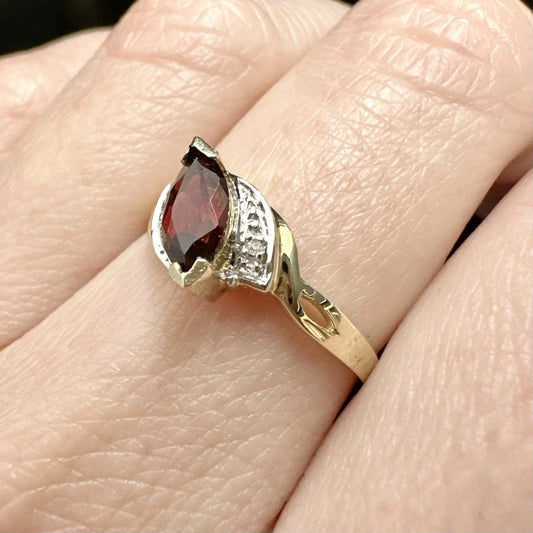 9Ct Two-Toned Gold Garnet & Diamond Set Ring Sz N