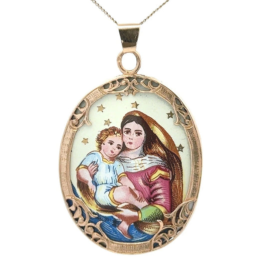 14Ct Yellow Gold Vintage Hungarian Virgin Mary Mother of God Pray For Us Pendant