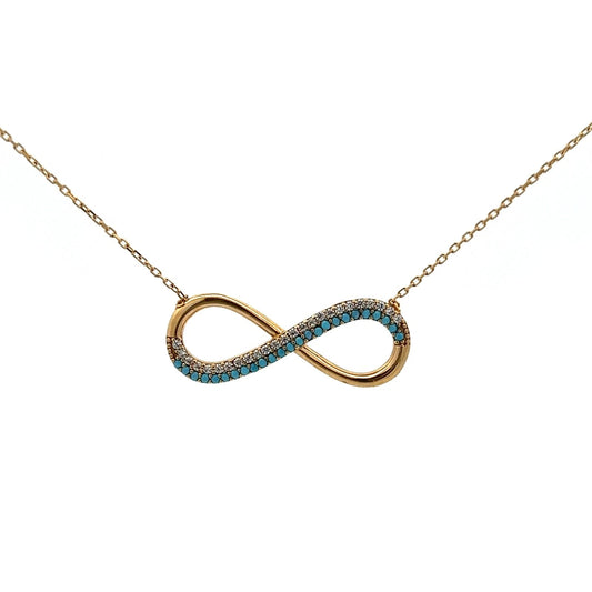 18Ct Yellow Gold Turquoise and CZ Infinity 45cm Chain Necklace