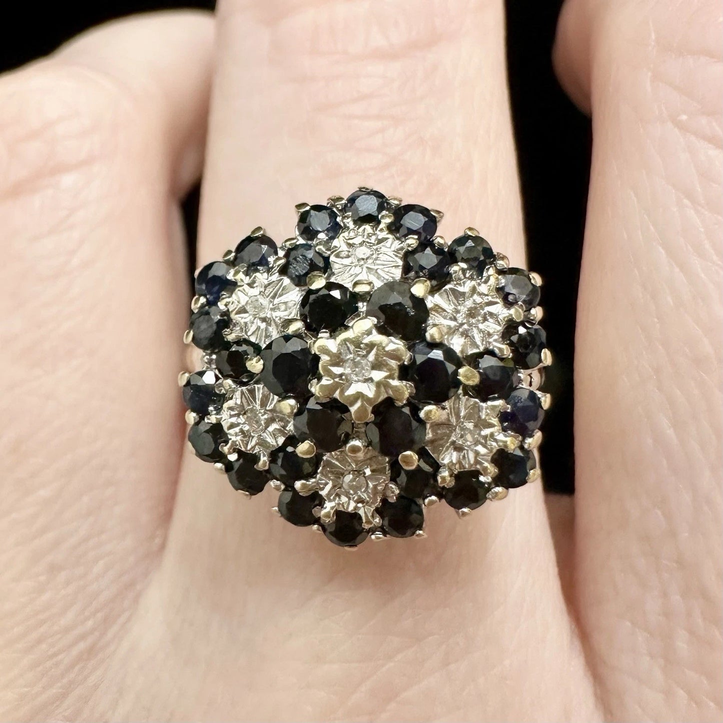 9Ct Yellow Gold Vintage Sapphire & .04Ct TW Diamond Ring Sz S