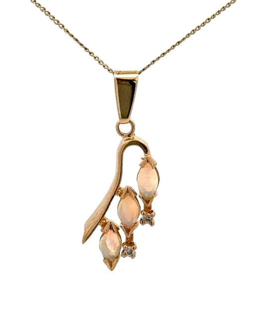 9Ct Yellow Gold Marquise Cut Opal & Diamond Accent Charm Pendant