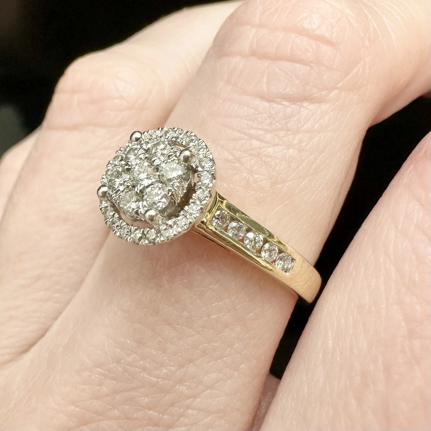 9Ct Yellow Gold 1/2Ct TW Diamond Halo Set Ring Sz O