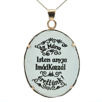 14Ct Yellow Gold Vintage Hungarian Virgin Mary Mother of God Pray For Us Pendant