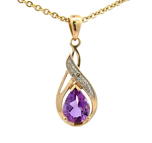 9Ct Yellow Gold Amethyst & Diamond Set Swirl Drop Pendant