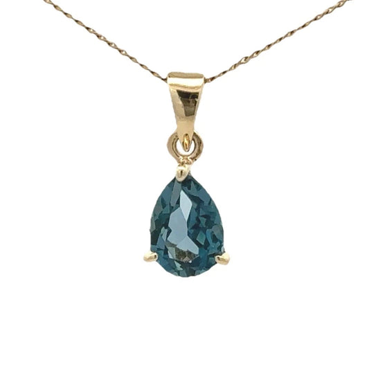 9Ct Yellow Gold Pear Shaped London Blue Topaz Solitaire Pendant