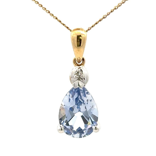 9Ct Yellow Gold Created Ceylon Sapphire & Diamond Pendant