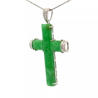 18Ct White Gold Jadeite .16CT TW Diamond Set Cross Pendant