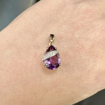 9Ct Yellow Gold Pear Shaped Amethyst & Diamond Accent Pendant