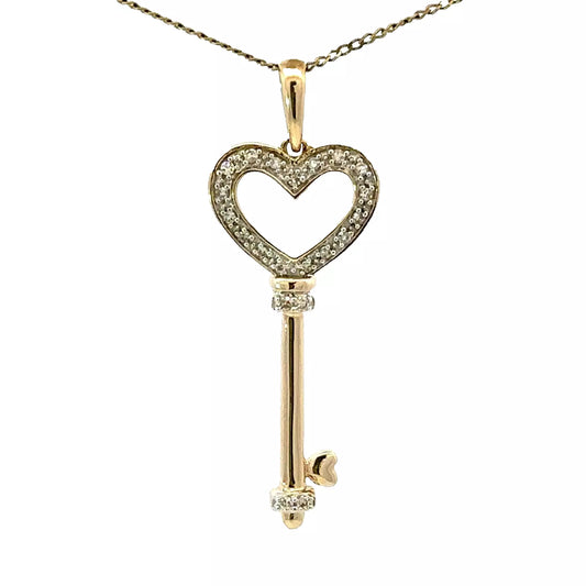 9Ct Yellow Gold .02 Carat TW Diamond Heart Key Charm Pendant