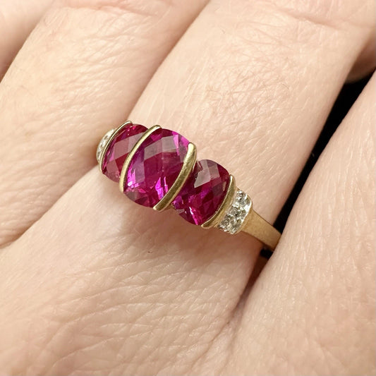 9Ct Yellow Gold Created Ruby Trilogy and Diamond Accent Ring Sz Q